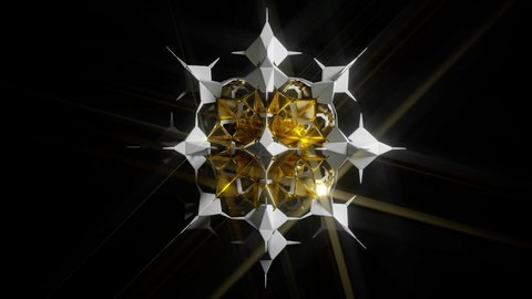 3d render video of abstract art with surreal mystical star alien fractal detail based on square cubical shape in white ceramic with golden core on isolated black background with bloom glare effect