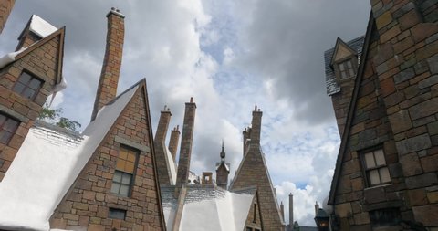 
Orlando, Florida. September 15, 2021. Aerial view of Hogsmeade in The Wizarding World of Harry Potter