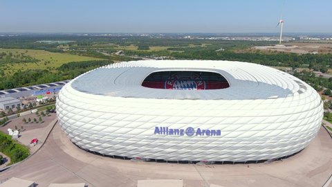 MUNICH, GERMANY, EUROPE - CIRCA 2020: Aerial view of Allianz Arena football stadium for soccer team FC Bayern Munich and Germany national football team.