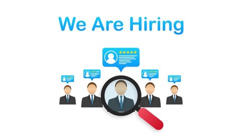 We re hiring. Recruitment concept. Hire workers, choice employers search team for job. Motion graphics
