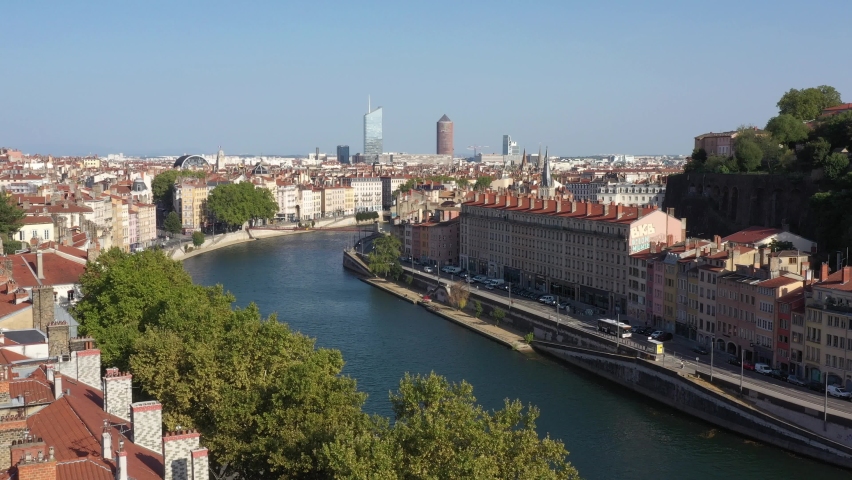 France, Lyon, drone aerial view above Saone river in the historic old town. | Shutterstock HD Video #1079311205