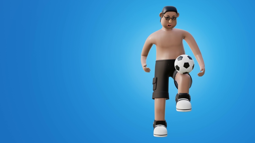 3D model of character bouncing football with looping knees. Characters are shirtless, wearing black pants, playing sports for fun. 3D rendering