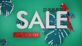 Summer sale banner with Macaw and tropical leaves background.3d text SALE. Special offer, great offer,3D animation. - Powered by Shutterstock - Get 15% off with code: PIKWIZARD15