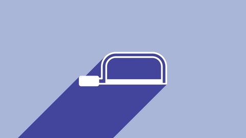 White Hacksaw icon isolated on purple background. Metal saw for wood and metal. 4K Video motion graphic animation.