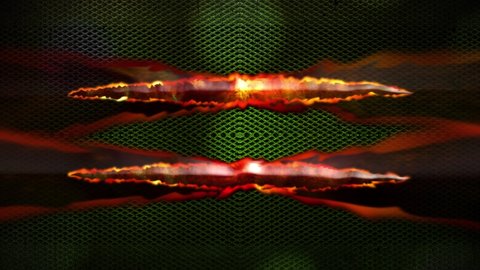 Two metal lines align horizontally, glowing inwardly on a green metal grid background.