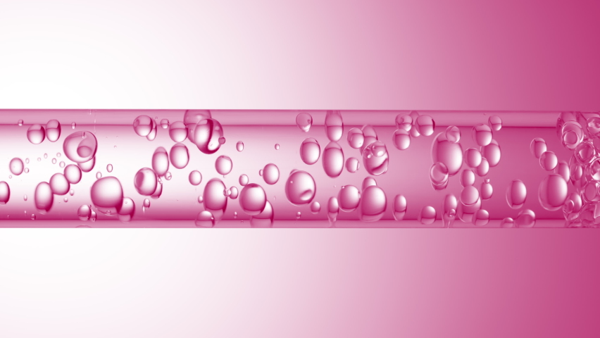 Macro shot of different sized clear bubbles flowing in glass tube with clear liquid on pale pink background | Abstract body care cosmetics mixing concept Royalty-Free Stock Footage #1079324798