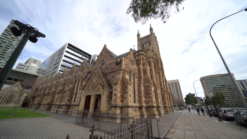 St Francis Xavier Cathedral in Adelaide city, dolly forward view