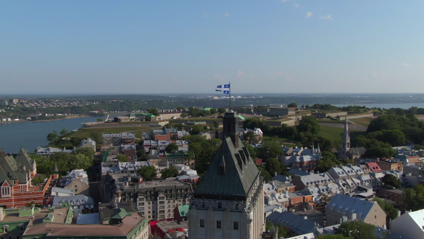 Aerial orbiting shot showing Quebec City during summer including historical landmark Frontenac castle in Quebec, Canada.