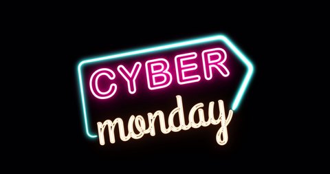 Cyber Monday neon sign banner with Luma Mattes or Alpha Channels for a promo video. The concept of sale and clearance
