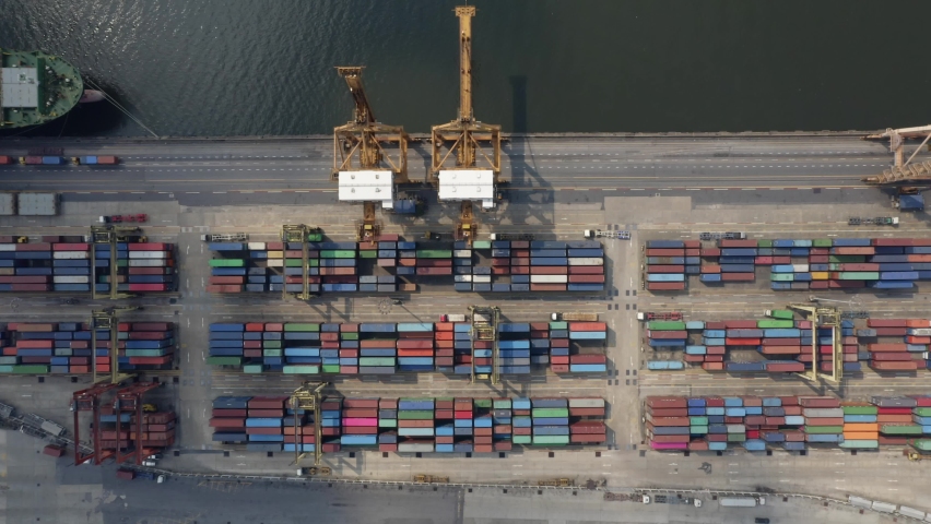Flying Over Shipping Container Port. High quality video Royalty-Free Stock Footage #1079336114