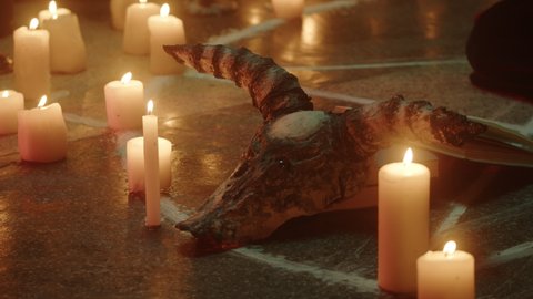 Cow skull and candles on floor close-up. Witch woman sitting in pentagram circle and reading spell. Evil sorceress making rite and sacrifices at night, using black witchcraft. Halloween time.