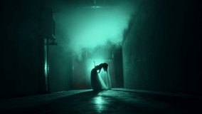 Dead zombie woman scaring in dark corridor. Creepy bride wearing wedding dress with veil. Deceased fiancee returned to life. Horrible klip for halloween, traditional usa holiday. Haunted house.  - Powered by Shutterstock - Get 15% off with code: PIKWIZARD15