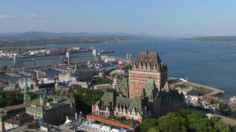 Aerial view of Quebec City during summer including historical landmark Frontenac castle in Quebec, Canada. 