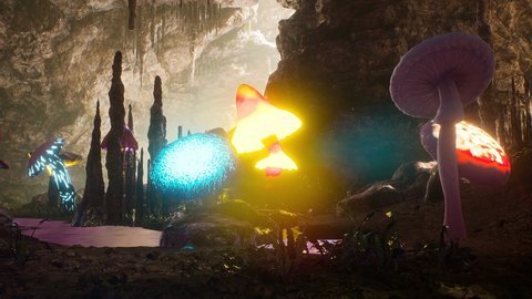 A mystical misty cave with magical glowing mushrooms. The concept of magical mysterious mushrooms. The animation is ideal for fairy tale, fantasy, adventure and magic backgrounds.
