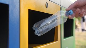 Empty bottle. Plastic garbage bin trash container. Hand bottle into recycle bin. Human waste recycling can. Male hand throwing plastic bottle recycling container garbage sorting rubbish collection bin - Powered by Shutterstock - Get 15% off with code: PIKWIZARD15