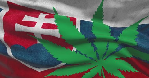 Slovakian national flag with cannabis leaf. Legal status of medical marijuana in country. Slovakia government and THC. Social issue, politics, criminal and law news about weed