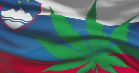 Slovenian national flag with cannabis leaf. Legal status of medical marijuana in country. Slovenia government and THC. Social issue, politics, criminal and law news about weed