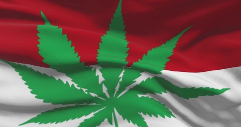 Monaco national flag with cannabis leaf. Legal status of medical marijuana in country. Monaco government and THC. Social issue, politics, criminal and law news about weed