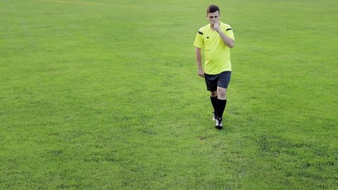 Soccer referee showing penalty, yellow and red card, removes the player . Concept of sport, rules violation, offside.