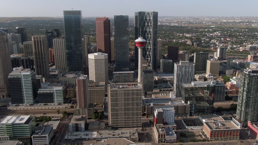 Aerial view of Calgary Tower and high rise office buildings in downtown Calgary, Alberta, Canada.