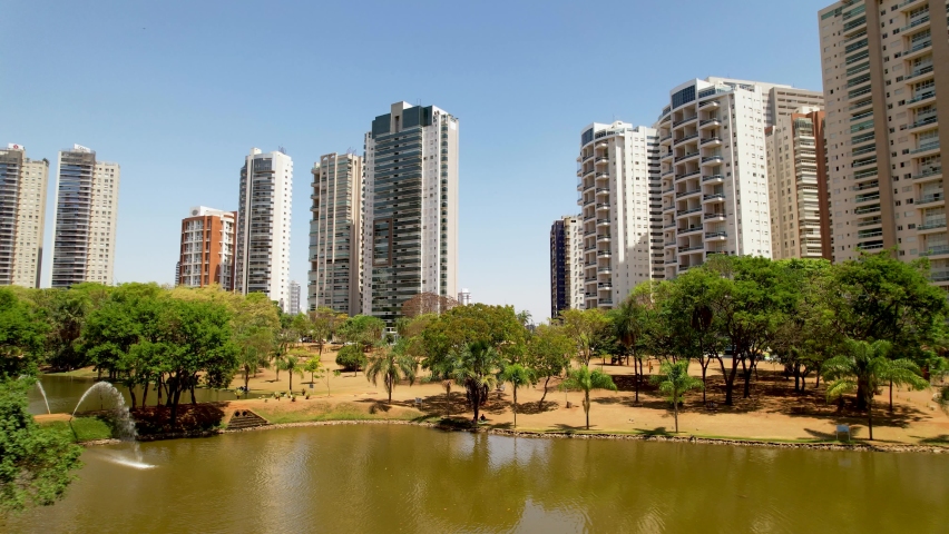 Goiania Brazil. Panorama aerial cityscape of Flamboyant Park, landmark of city. Goiania Brazil. Flamboyant Park at downtown city of Goiania, Goias, Brazil. Flamboyant City scape of Goiania Brazil. 