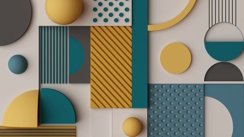 abstract geometric pattern that are arranged with geometric shapes in the arrangement from the top view gradually increasing parts into with stop motion technique yellow green tone 3d render animation