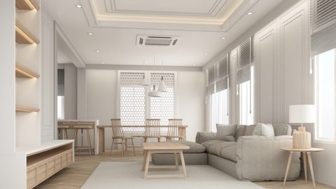 building up interior classic style of living room with wood floor ,gray sofa, coffee table, stool fabric on carpet with table lamp and feature walls slide blind partition window 3d render animation