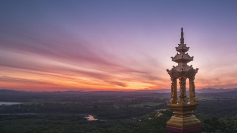 Timelapse 4K. Beautiful landscape in the morning mist from the viewpoint of Wat Phra That Doi Phra Chan Mae Tha Lampang, Thailand, tourism.