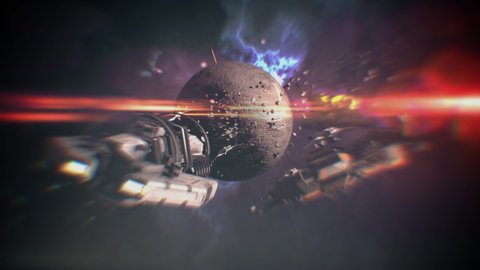 Battleship at war in cosmos. Spaceship attacks space station. Spacecraft explodes and going down. Battle in outer space. Space rockets in battle near dead planet in outer space. Cinematic gameplay