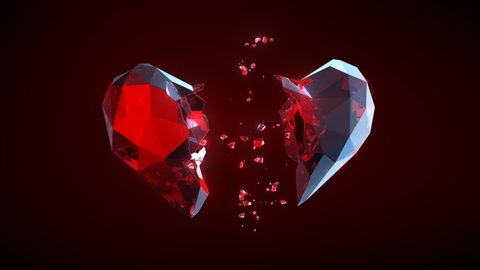 Broken heart abstract animation with breaking ruby crystal heart on dark background