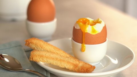 Close up of fresh toast bread dips in soft-boiled egg. Chicken yolk flows down egg. Crispy crouton with boiled egg. Breakfast concept. Food