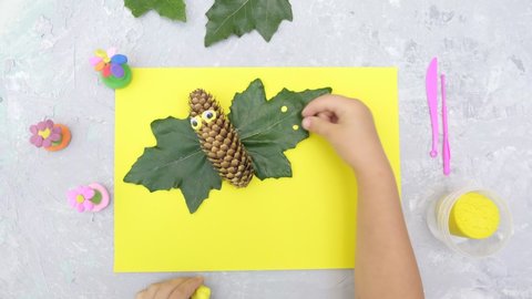 Autumn crafts. Child making fun butterfly from natural cone and leaves use paper and plasticine. Back to school. Ideas for children's art