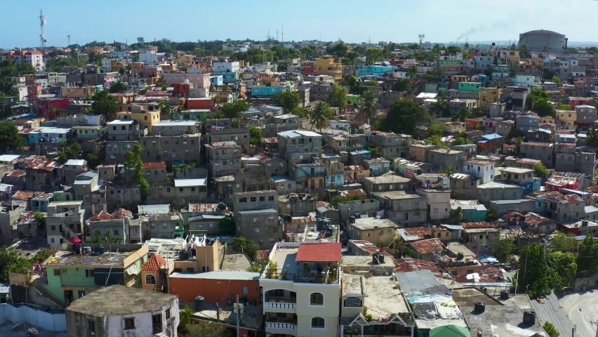 Old dirty poor quarters of Santo Domingo Dominican Republic. Slums standing on top of each other. Social inequality. Narrow streets and poor neighborhoods.