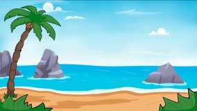 Tropical beach landscape with palm tree, sea, bushes and rocks. Seaside landscape, nature scene, ocean or sea seashore. animation video clip.