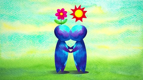 two sad human negative feeling meeting then happy together positive thinking growing emotion mind mental health spiritual art watercolor painting illustration digital collage stop motion 4k animation