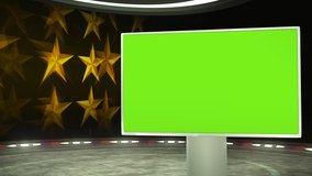 Movie stars TV show virtual background, with an empty screen. A 3D rendering video backdrop loop, suitable on VR tracking system sets, with green screen