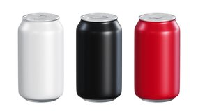 Realistic seamless looping 3D animation of the spinning matte white, black and red blank alcohol or soft drink tin cans rendered in UHD with alpha matte - Powered by Shutterstock - Get 15% off with code: PIKWIZARD15