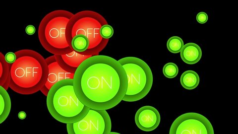 Animation of flying buttons on and off on a black background. Abstract looping motion with controls. Repeating background with choices. Red and green in a chaotic mix.