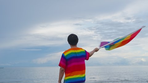 Slow motion 4K. Person holding lgbtq flag in hand. Female waving rainbow LGBT flag on sunset blue sky with pride. Gay, Bisexual, transgender social movements. Freedom of love concept.