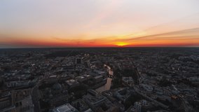 Establishing Aerial View Shot of Berlin, Germany, Berlin Cathedral, Mitte, city center, gorgeous sunset, revealing, track back