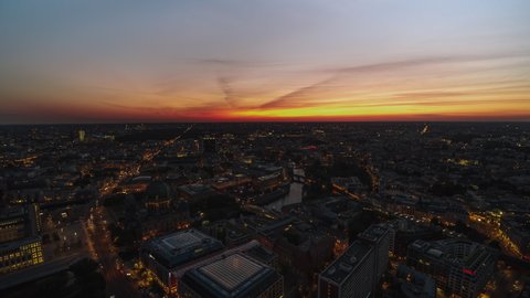 Establishing Aerial View Shot of Berlin, Germany, Berlin Cathedral, Mitte, city center, gorgeous sunset, revealing, crane shot very high up