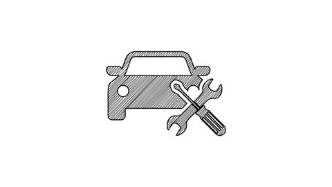 Black line Car with screwdriver and wrench icon isolated on white background. Adjusting, service, setting, maintenance, repair, fixing. 4K Video motion graphic animation.