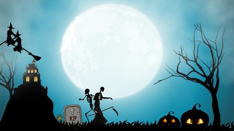 Halloween Scene, Scary Party Night, Halloween, Witches, Skeletons, Zombie Animation