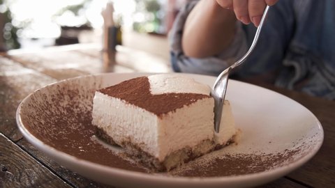 Cake slice. tiramisu cake. Eating a cake on the table. a person eating a tiramisu cake in a resturant. beautiful sweets and delicious dessert. 