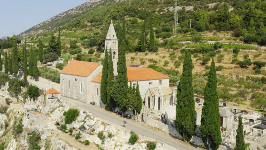 Aerial view of Our Lady of Angels monastery near Orebic town on Peljesac peninsula, Croatia
