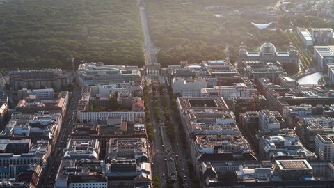 Establishing Aerial View Shot of Berlin, Germany, Brandenburg Gate, Mitte, stunning sunset