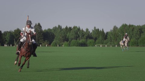 UFA RUSSIA - 05.09.2021: Match on a horse in a polo club. The rider kicks the white ball on the green grass. The player hits the ball a wooden stick to polo. Luxury game, slow motion.