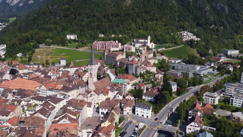 Aerial drone footage of the Chur old town in Canton Graubunden in the alps in Switzerland