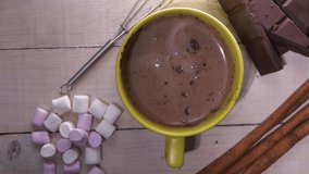 Hot chocolate drink steaming hot overhead slider dolly shot close up flat lay shot  - Powered by Shutterstock - Get 15% off with code: PIKWIZARD15