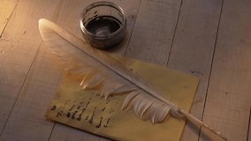 Writing desk with quill and ink in flickering light overhead medium dolly slider shot - Powered by Shutterstock - Get 15% off with code: PIKWIZARD15